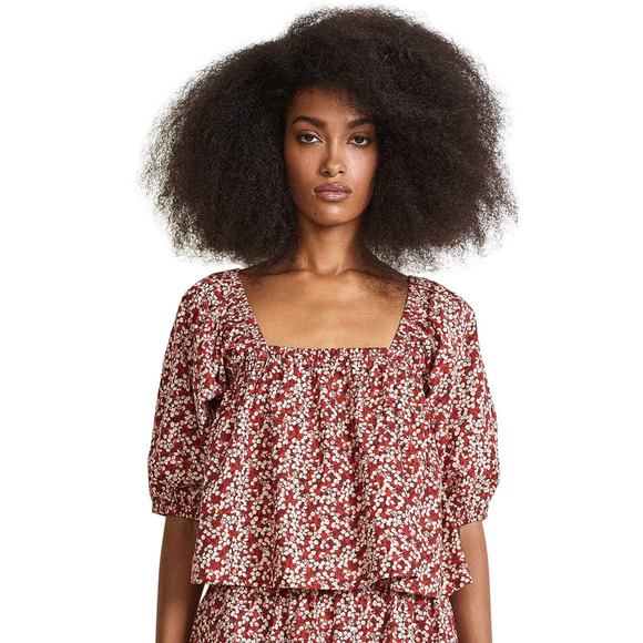 NWT Apiece Apart Gail Mango Bouquet Floral Shirred Top Blouse Size L Cropped - Picture 1 of 9